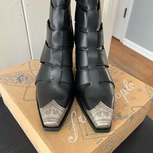 Free People Black Ankle Boots with Ornate Silver Tips